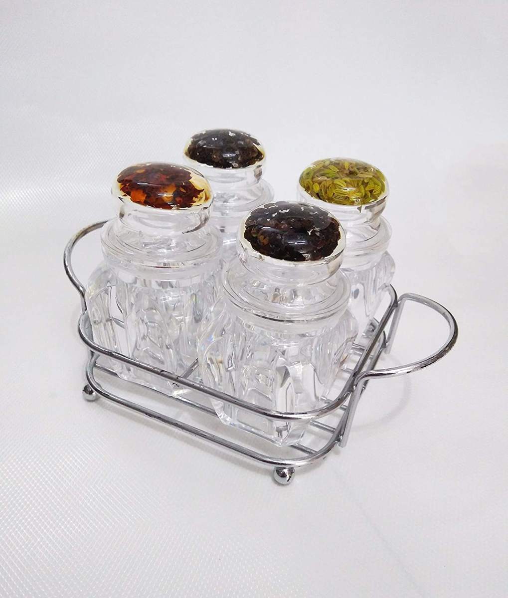 4 Pcs ACRYLIC Kitchen Salt & Pepper Shaker With Stainless Steel Holder