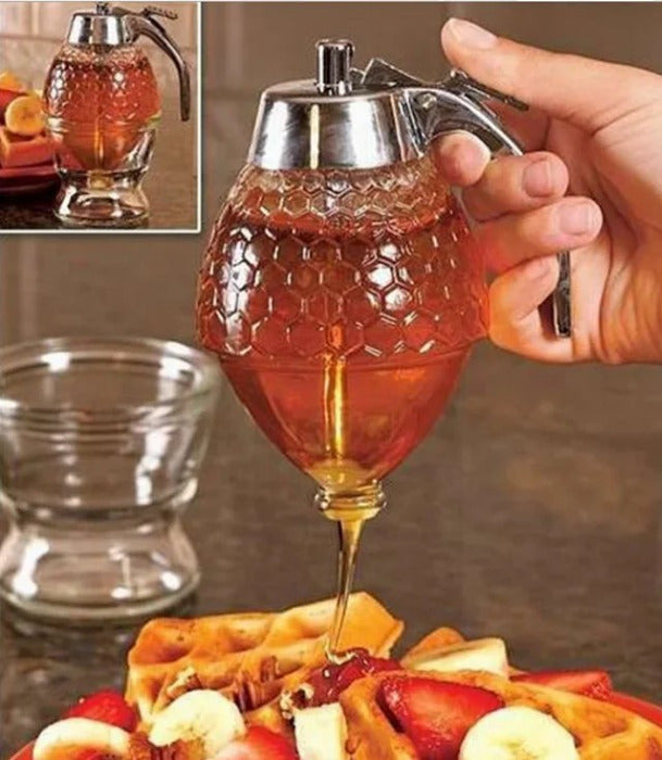 Crystal Glass Honey Dispenser Transparent Honey Storage Bottle Container with Holder