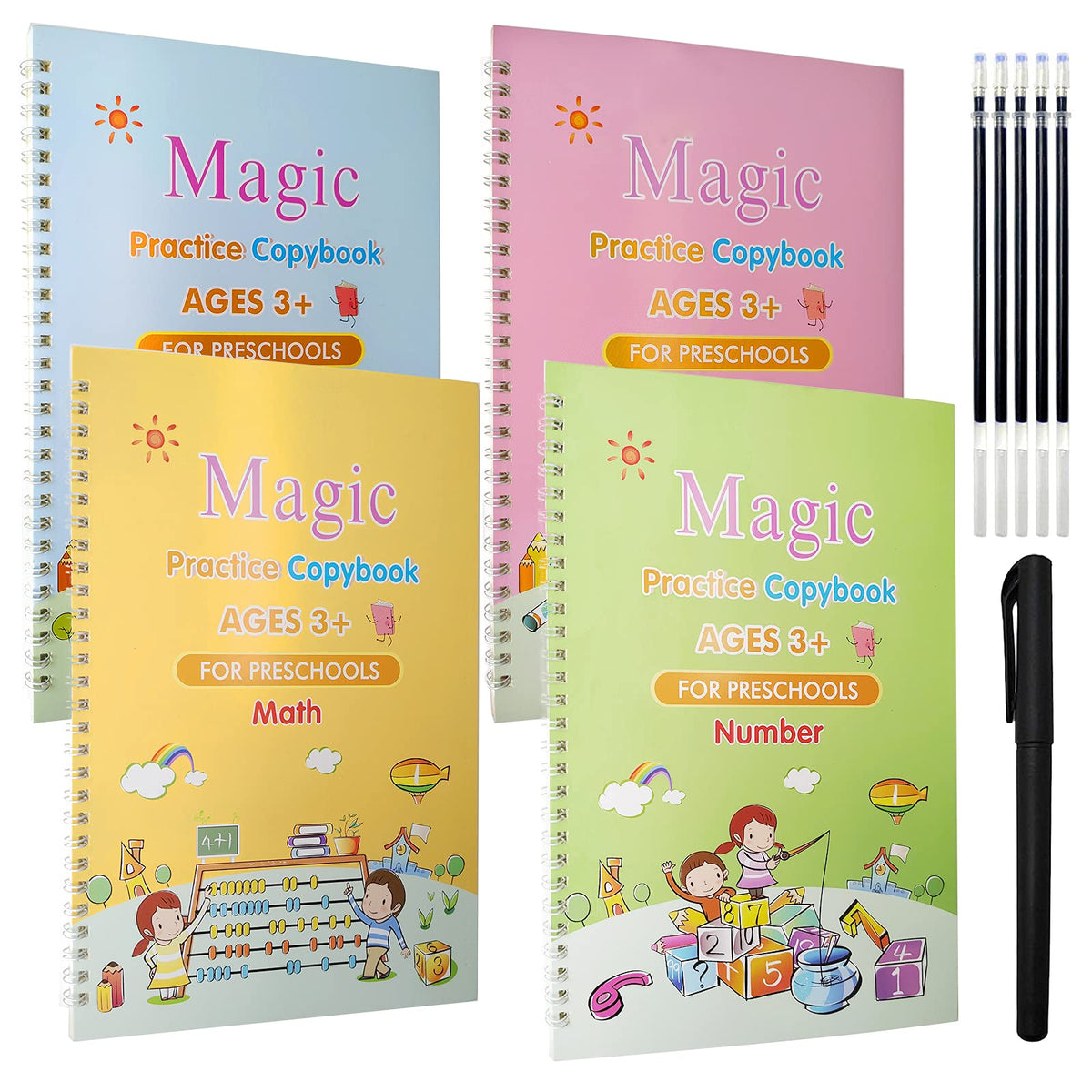 (Pack of 4) Magic Practice Copybook for Kids, Children Reusable Handwriting Practice Copy Books for Preschools Magic Workbook Letter Writing Book