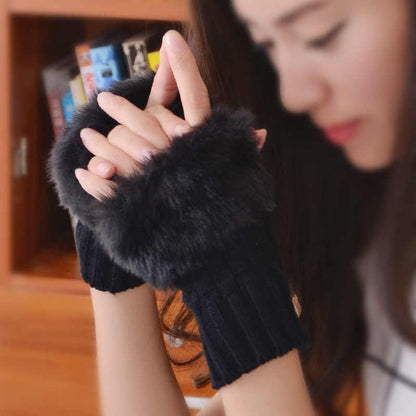 Fancy Winter Wool Gloves for Women Girls Knitting Wool gloves l Keep Warm Short Mitten Fingerless Lady Girl Half Finger Gloves Rabbit Lady hand Gloves