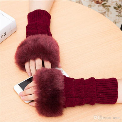 Fancy Winter Wool Gloves for Women Girls Knitting Wool gloves l Keep Warm Short Mitten Fingerless Lady Girl Half Finger Gloves Rabbit Lady hand Gloves