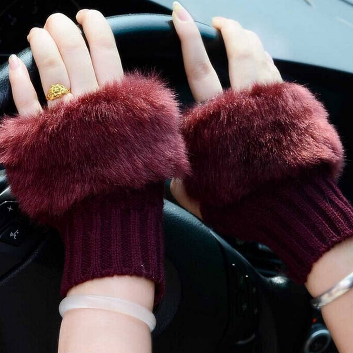 Fancy Winter Wool Gloves for Women Girls Knitting Wool gloves l Keep Warm Short Mitten Fingerless Lady Girl Half Finger Gloves Rabbit Lady hand Gloves