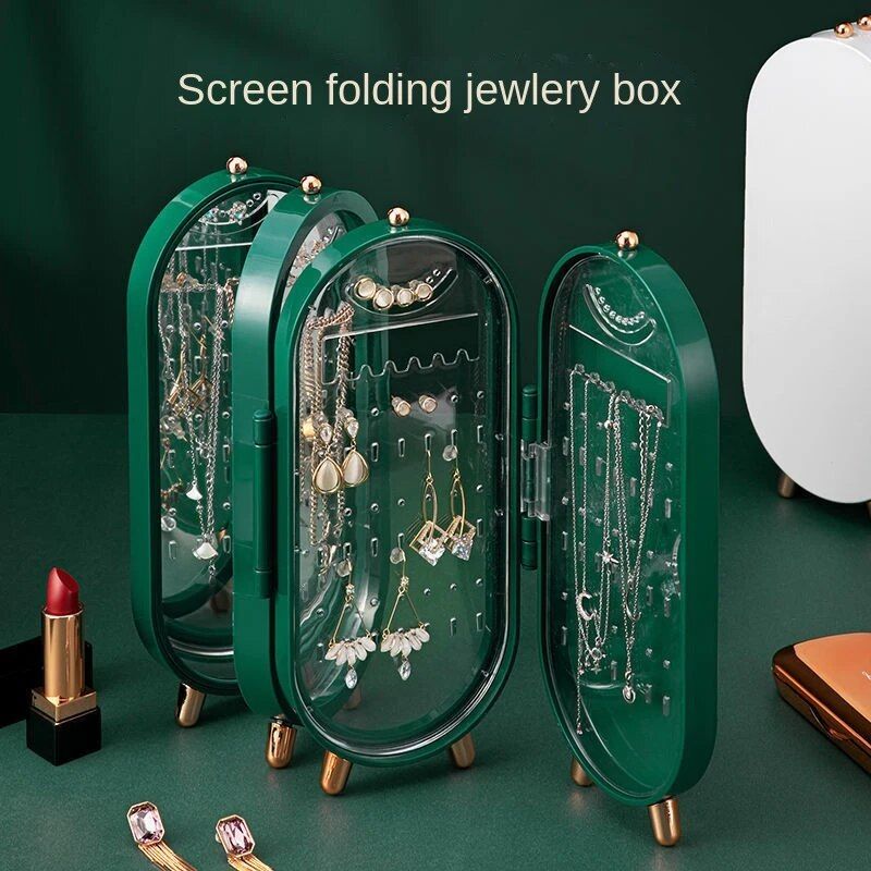 Foldable Jewelry Organizer With Mirror Ear Rings & Necklace_ Hanging Holder Jewelry Box Vanity Hanger Stand
