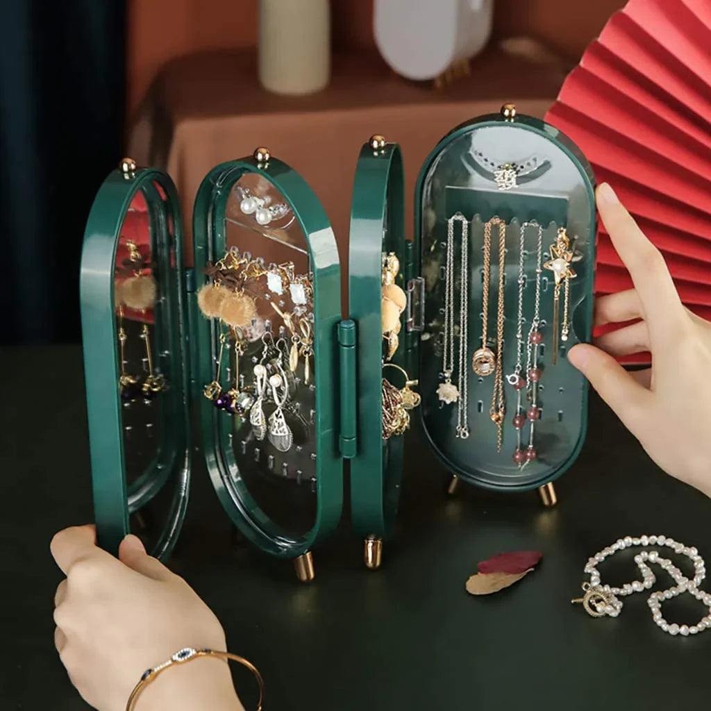 Foldable Jewelry Organizer With Mirror Ear Rings & Necklace_ Hanging Holder Jewelry Box Vanity Hanger Stand