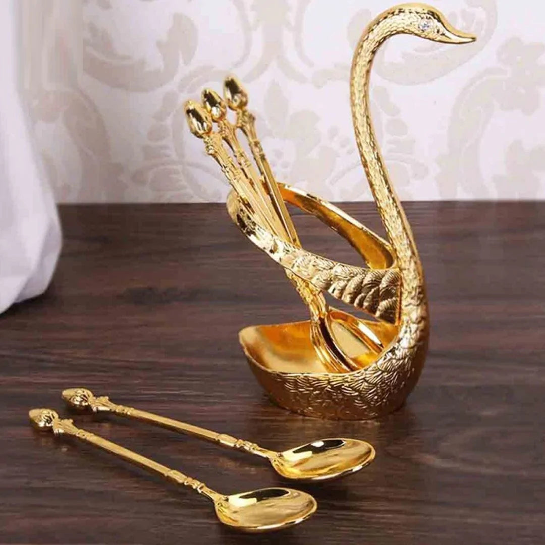 Pack of 6 Stainless Steel Spoon Set with Swan Holder